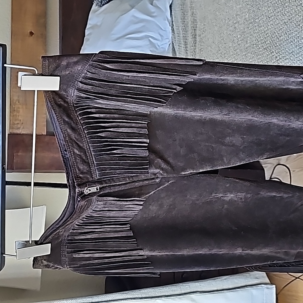 Genuine Leather Dark Brown Pants with Fringe Details Size 8 Aprox - Picture 2 of 16